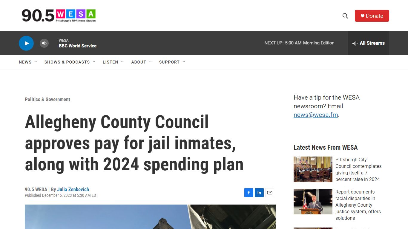 Allegheny County Council approves pay for jail inmates | 90.5 WESA